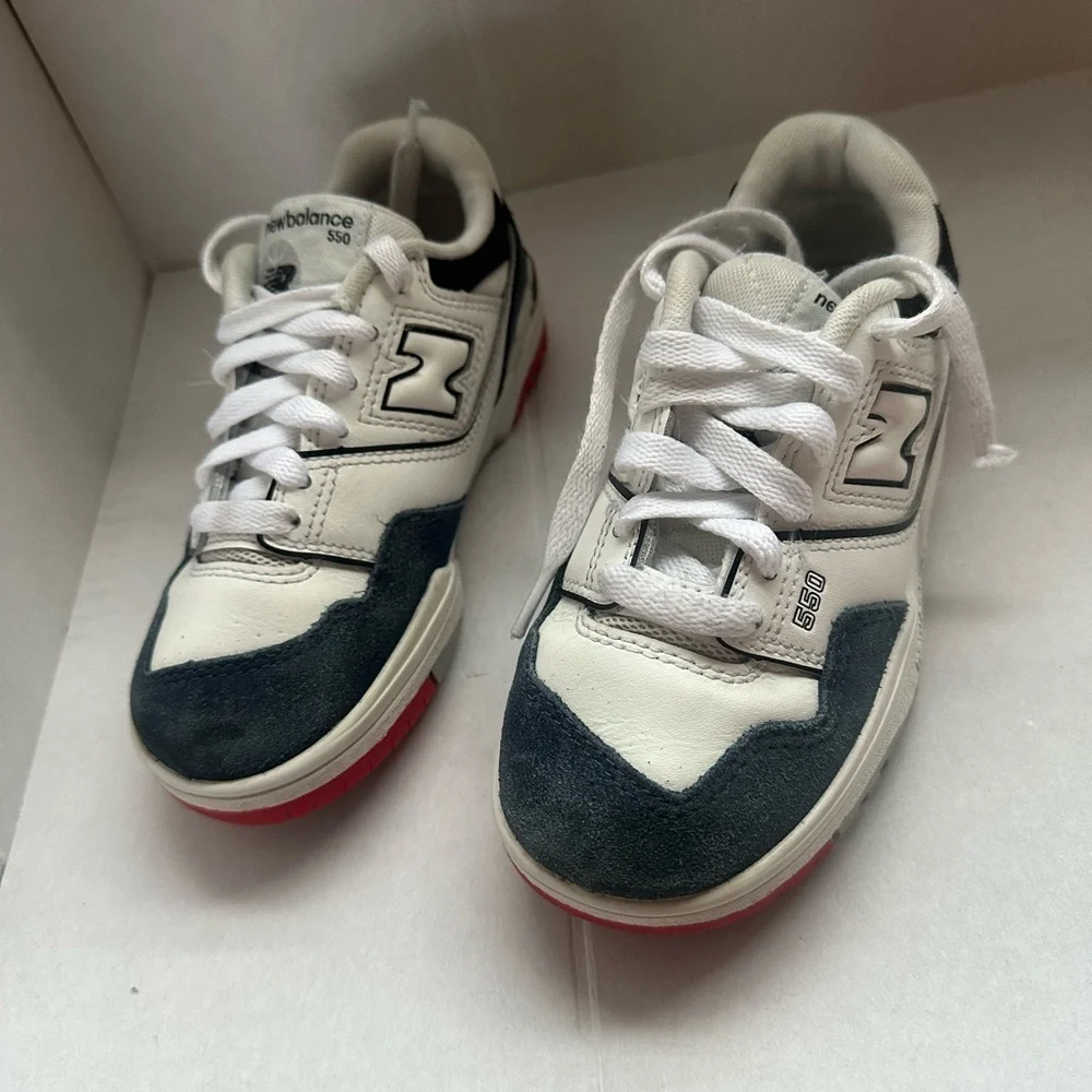 New Balance 550 Kids' Sneakers in White, Black, and Red size 12